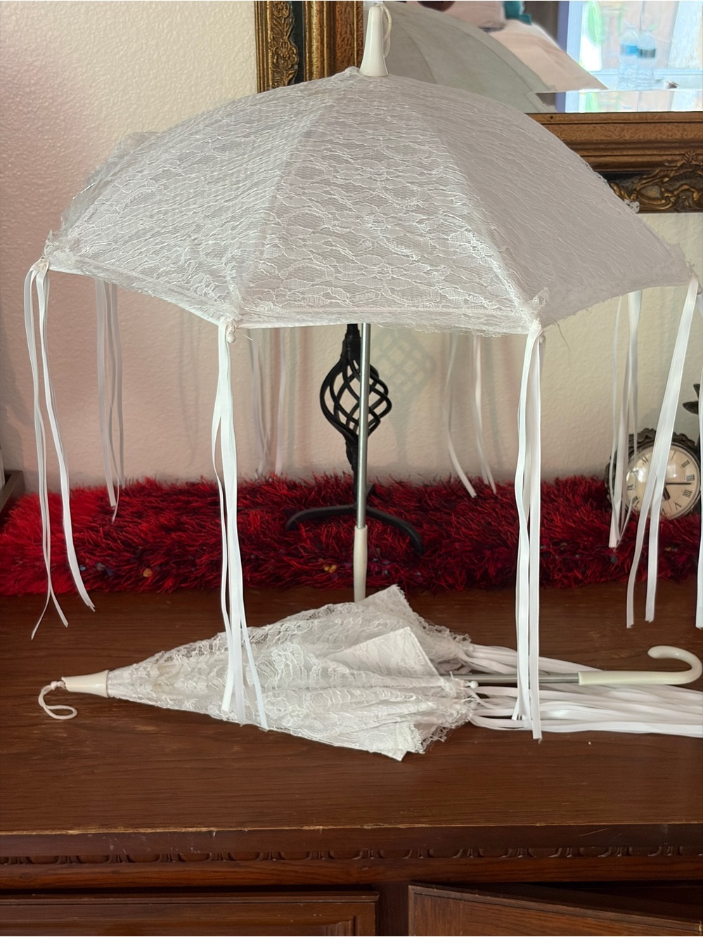 2 White Lace Decorative Parasol with Ribbon Accents